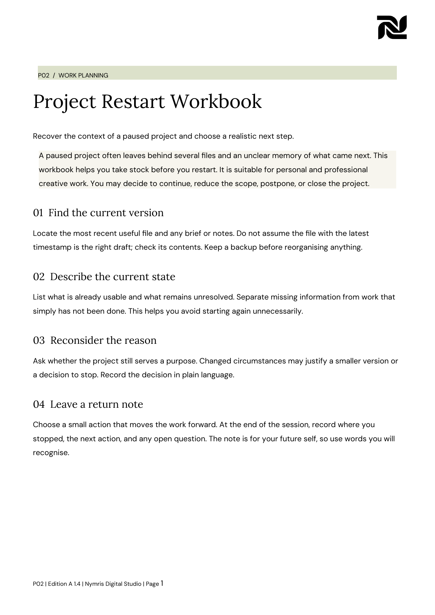 First page preview of Project Restart Workbook