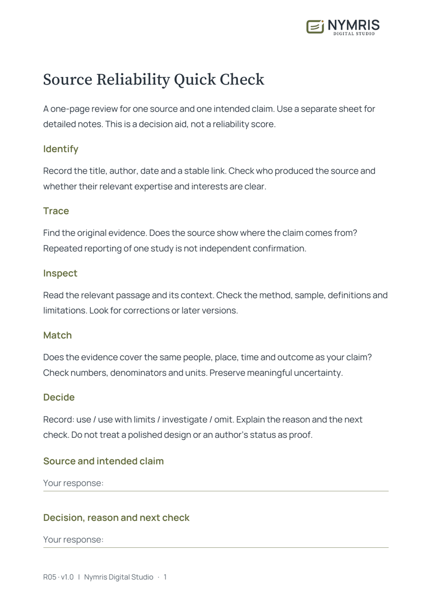 First page preview of Source Reliability Quick Check