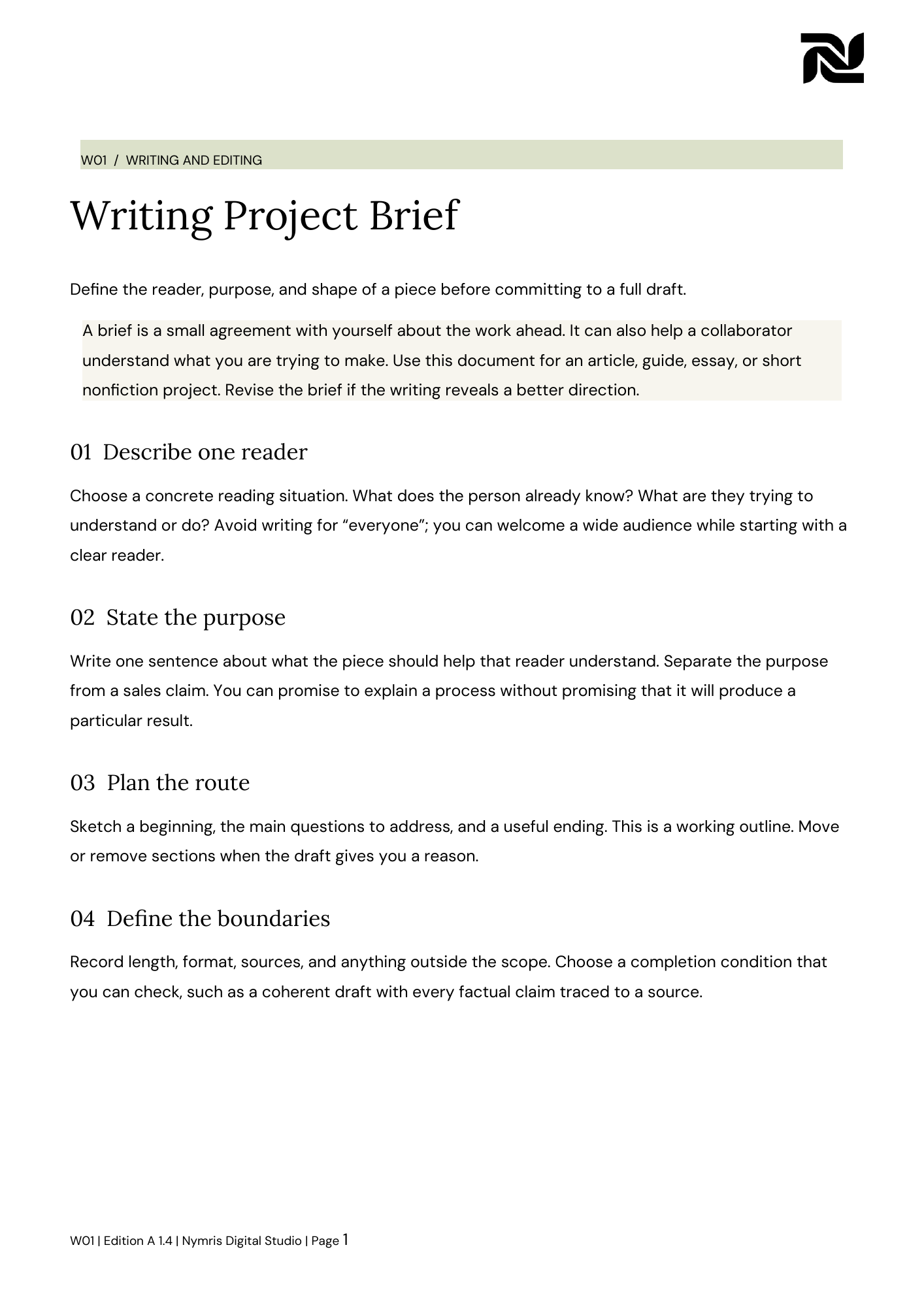 First page preview of Writing Project Brief