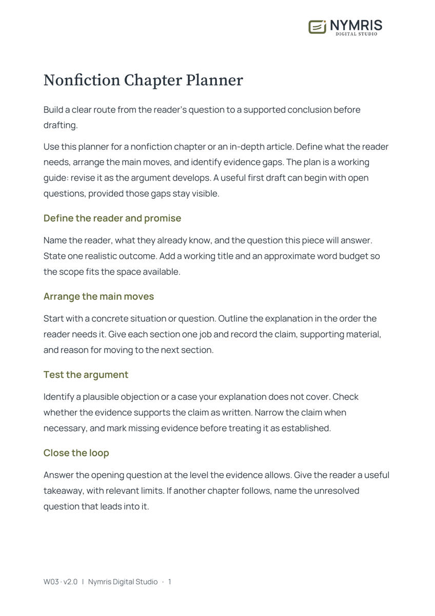 First page preview of Nonfiction Chapter Planner
