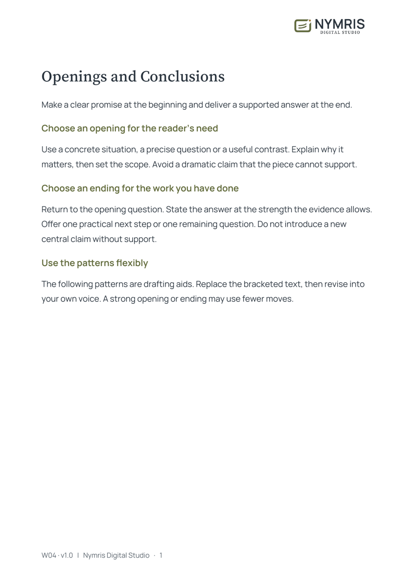 First page preview of Openings and Conclusions